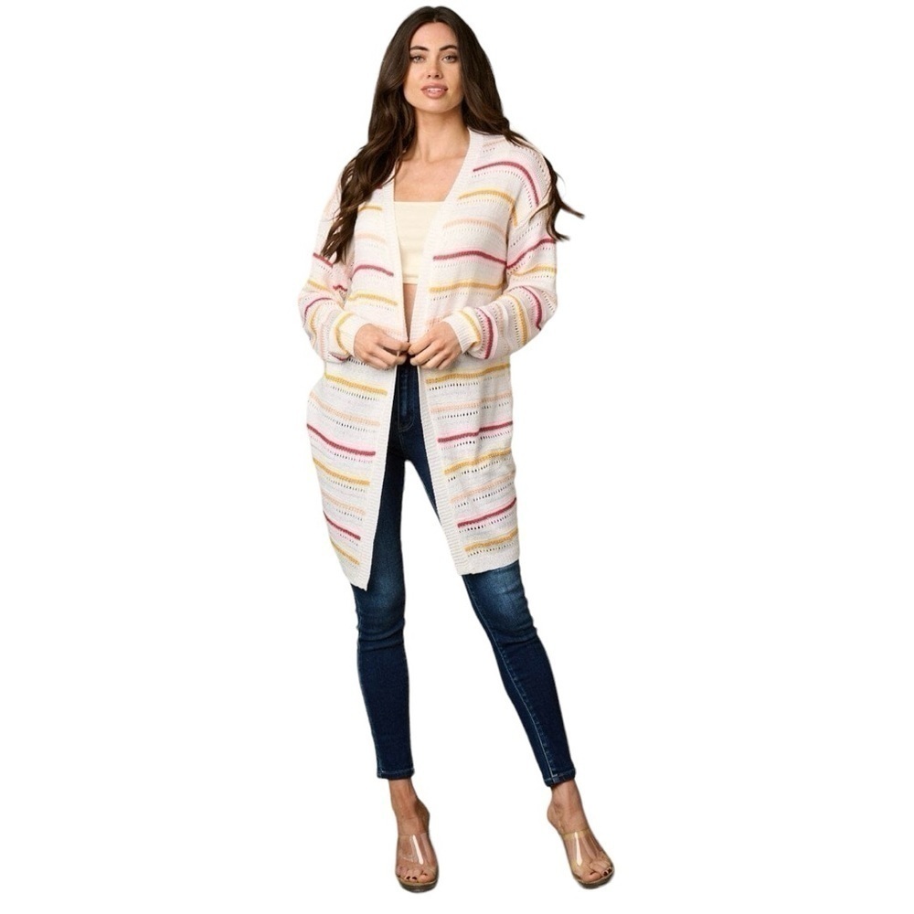 BOHO COLORFUL STRIPED OPEN FRONT CARDIGAN - Picture 7 of 10